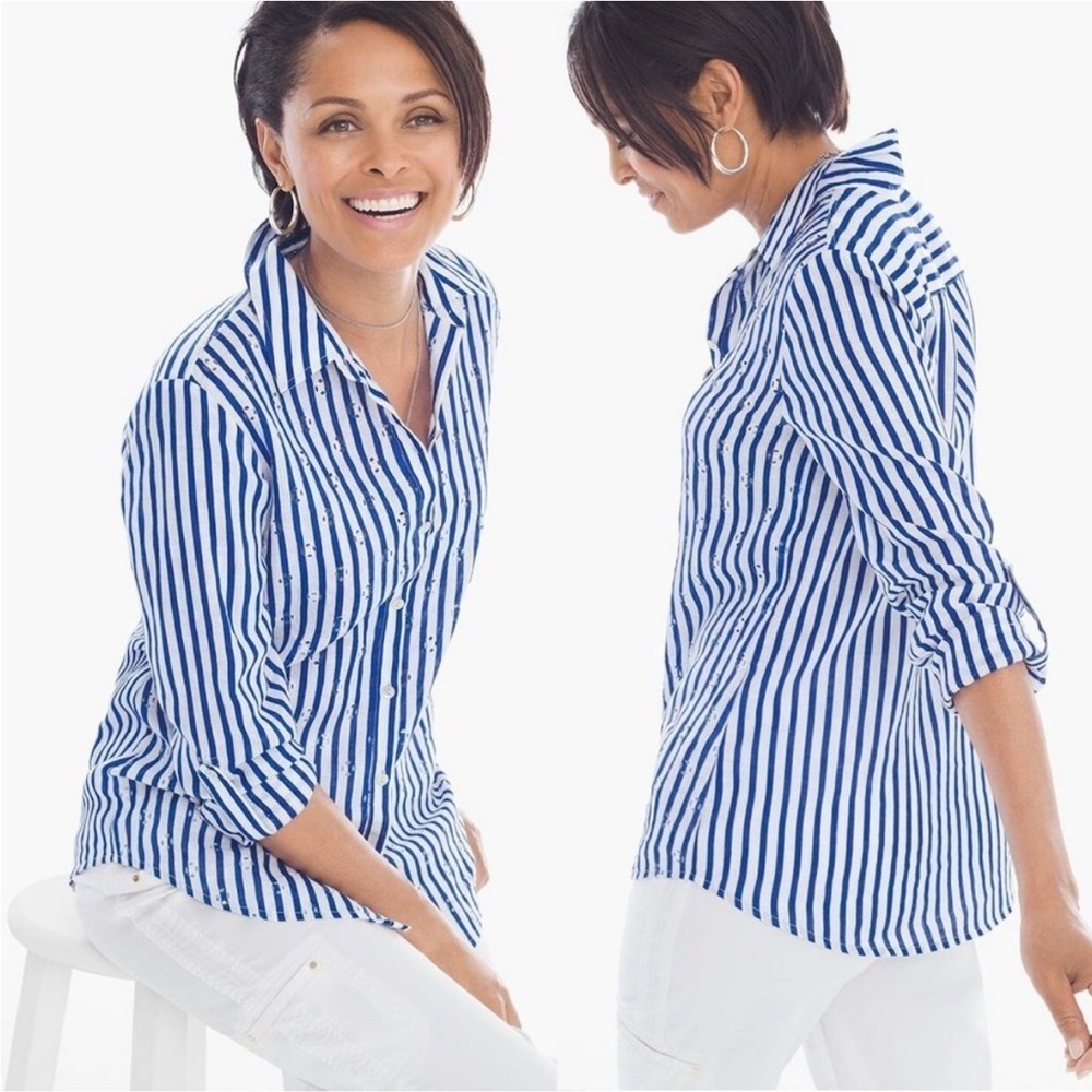 Chico's Blue and White Striped Button-Down Shirt Size 3